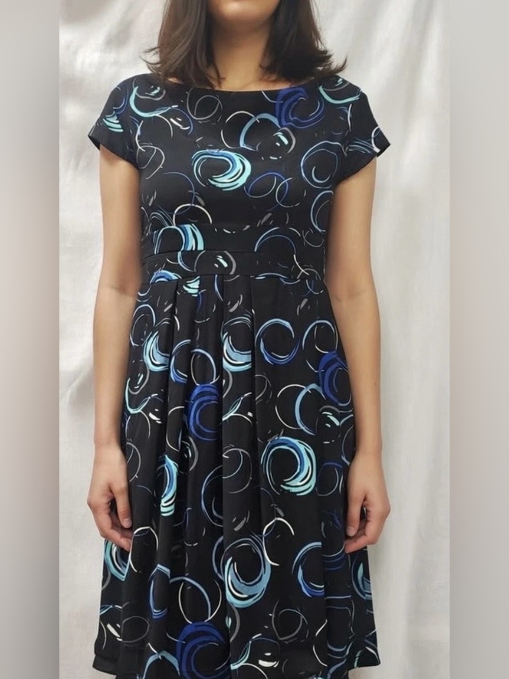 Vintage Y2K Alfani Woman Black Dress with Blue and Light Blue Swirl Print